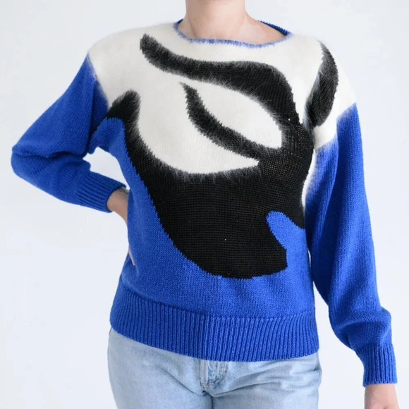 Vintage Franco  Valeru Blue Cream Black Knit Crew Neck Sweater Size Small - Picture 1 of 11